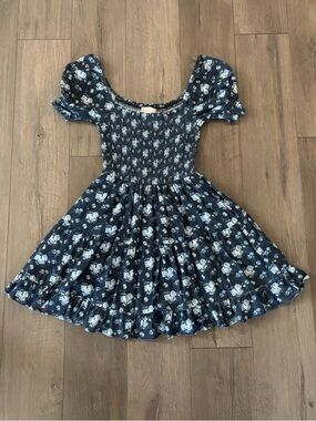 Altar'd State Navy Blue Floral Smocked Puff-Sleeve Mini Dress